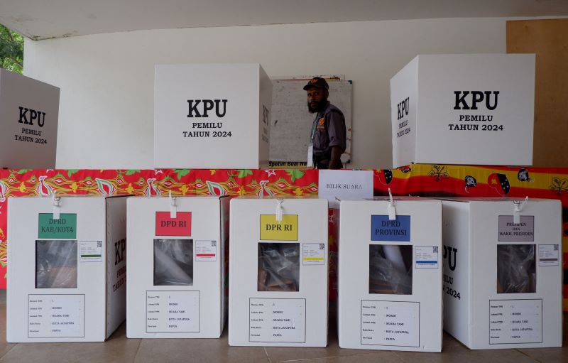 Ballot boxes for the general election are placed at a polling centre in Muara Tami District, Jayapura, Papua, Indonesia,