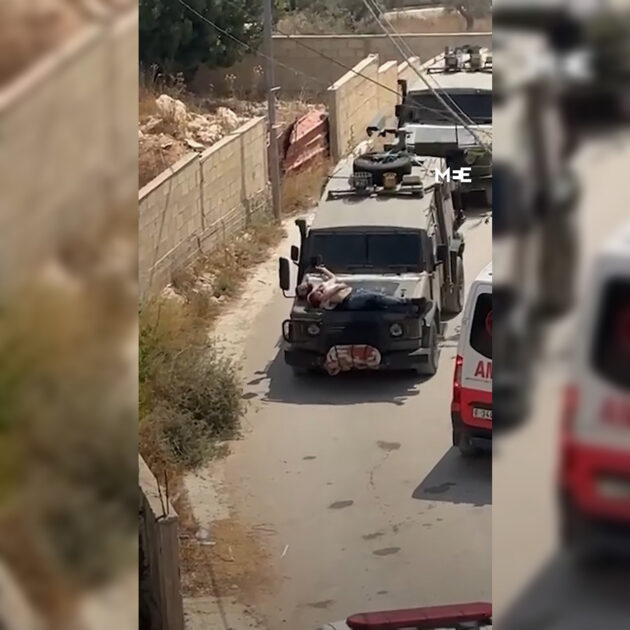 Israel committed another war crime in the occupied West Bank by tying an injured Palestinian to the front of a military jeep and using them as a human shield.