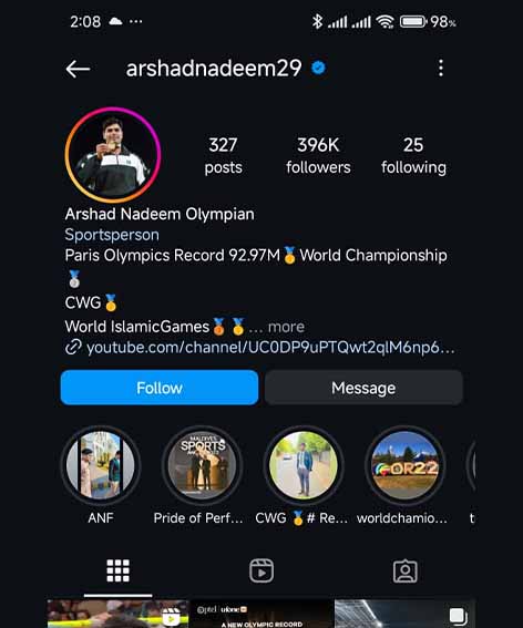 Here's a screenshot of Arshad's Instagram account on 2:08 PM