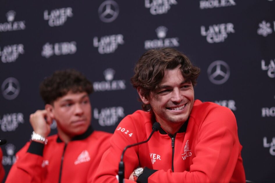 Americans Taylor Fritz and Ben Shelton defeated Carlos Alcaraz and Alexander Zverev 7-6(5) 6-4 in Friday's doubles to draw Team World level with Team Europe at the of the first day of the Laver Cup.