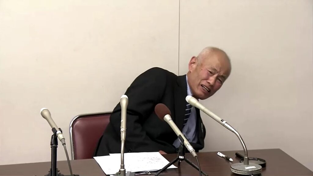 Japan's Nihon Hidankyo co-chair Toshiyuki Mimaki appeared to be in shock at a news conference in Hiroshima, the site of the August 6, 1945 atomic bombing during World War Two.