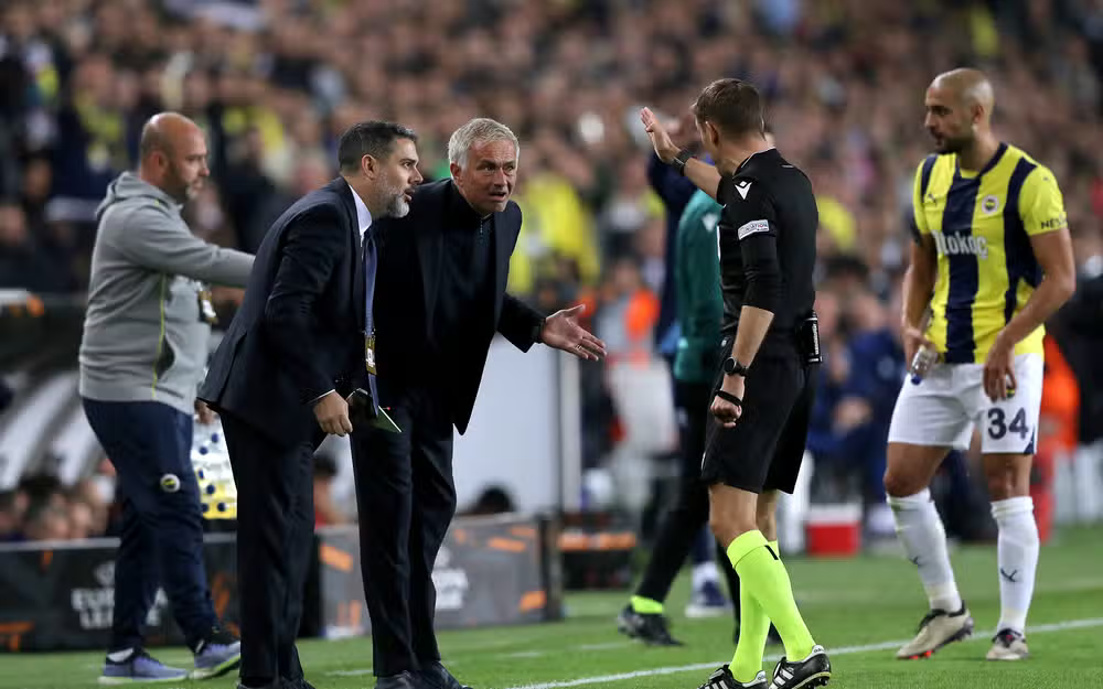 Fenerbahce coach Jose Mourinho was sent off as his side drew 1-1 with his former club Manchester United in the Europa League on Thursday after Christian Eriksen’s early goal was cancelled out by Youssef En-Nesyri.