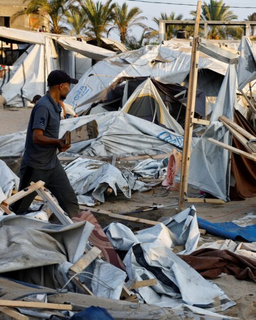 Three Palestinians were killed and five others were wounded in an Israeli air strike on a tent housing a displaced family.