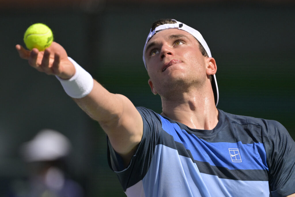 Mar 16, 2025; Indian Wells, CA, USA;  Jack Draper (GBR) serves as he defeated Holger Rune (not pictured) in the menÕs final of the BNP Paribas Open at the Indian Well Tennis Garden. Mandatory Credit: Jayne Kamin-Oncea-Imagn Images