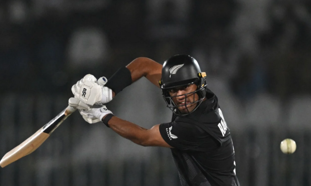 Rachin Ravindra batting in New Zealand's game against Bangladesh.