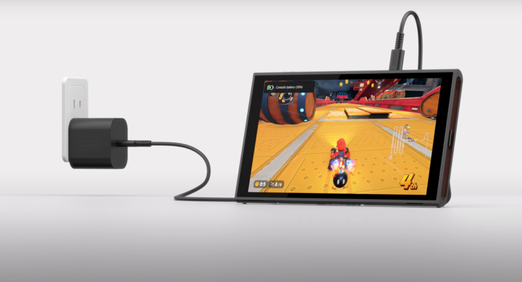 Nintendo Switch 2 charging in table top mode. Taken from the Nintendo Direct. on 4.2.2025.