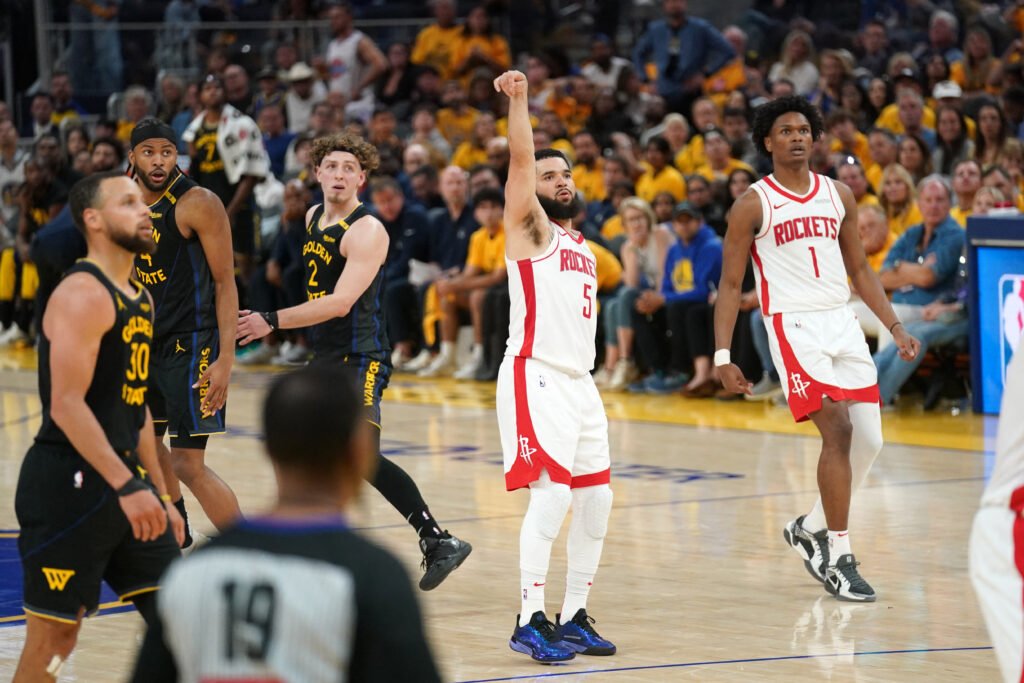 May 2, 2025; San Francisco, California, USA; Houston Rockets guard Fred VanVleet (5) reacts after making a three-point basket against the Golden State Warriors in the fourth quarter of game six of the first round for the 2025 NBA Playoffs at Chase Center. Mandatory Credit: Cary Edmondson-Imagn Images