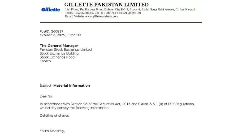 Gillette delisting notification PSX