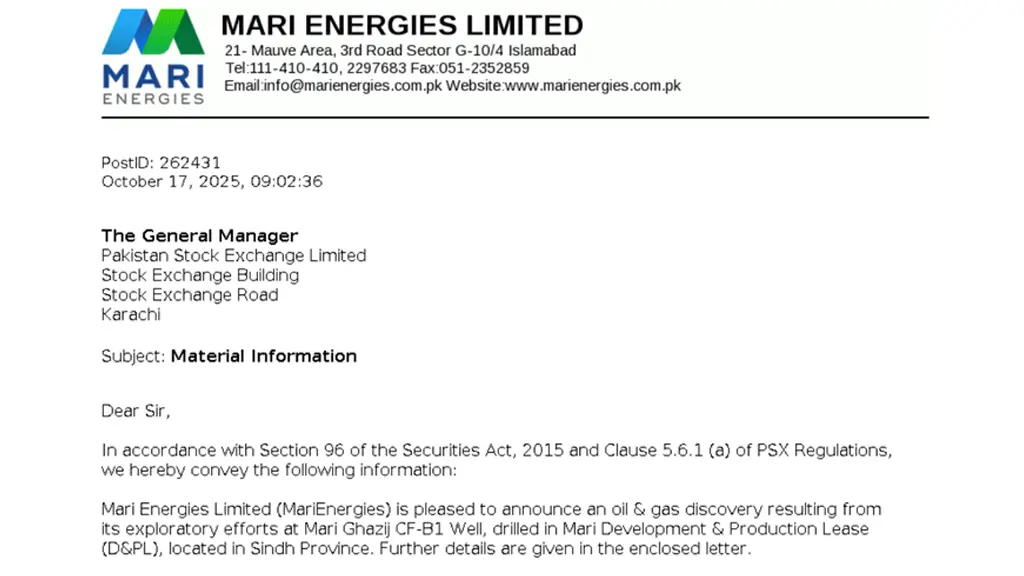 Mari Energies reports new oil and gas discovery in Sindh.