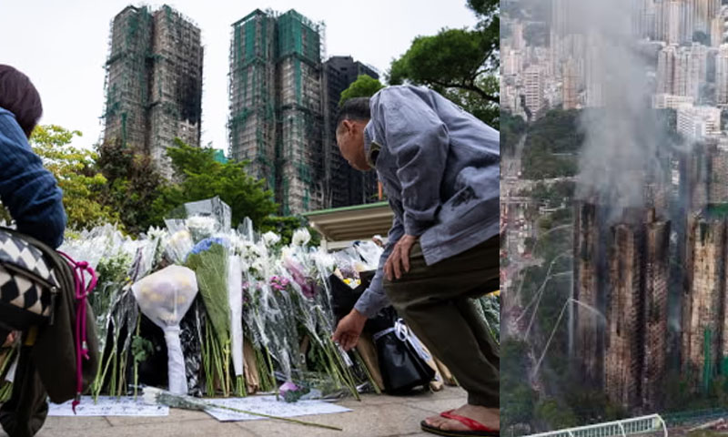 Hong Kong fire: mourners flock to site despite Beijing warning against anti-China protests